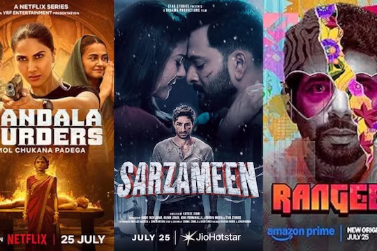 Poster collage of July 25, 2025 OTT releases including Mandala Murders, Sarzameen, Happy Gilmore 2 and more new web series and movies