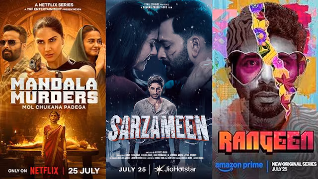 Poster collage of July 25, 2025 OTT releases including Mandala Murders, Sarzameen, Happy Gilmore 2 and more new web series and movies