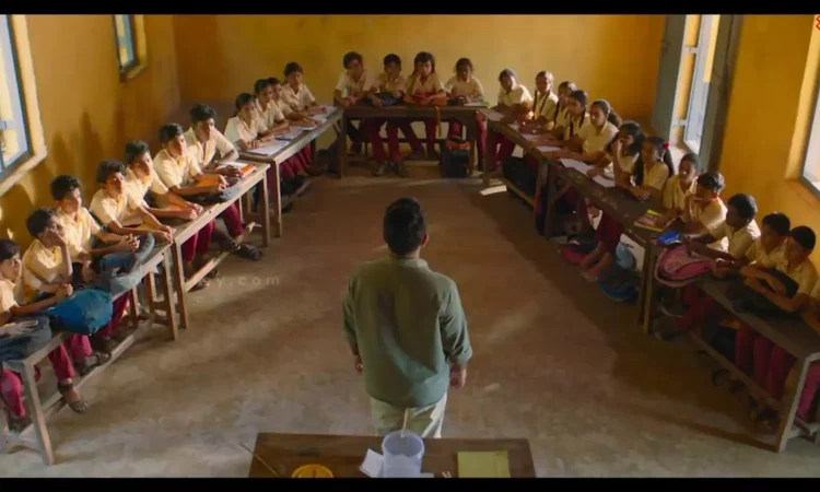 Students in a Kerala classroom with tiered seating inspired by a Malayalam movie