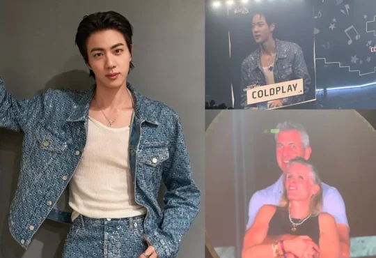 BTS Jin mimicking Coldplay kiss cam moment on stage during Anaheim concert