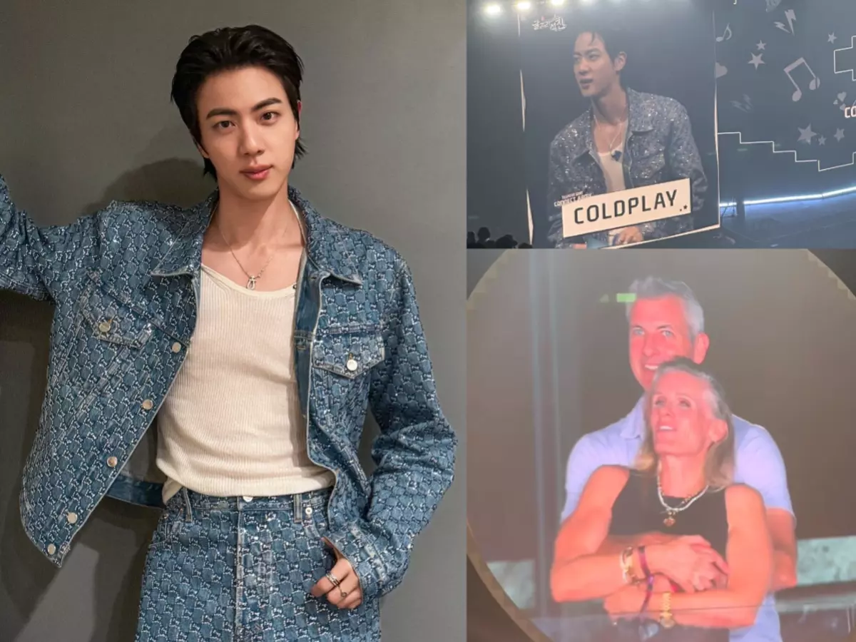 BTS Jin mimicking Coldplay kiss cam moment on stage during Anaheim concert