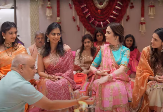 Nita Ambani, Radhika Merchant, Isha Ambani, and Shloka Mehta in elegant traditional sarees at Mumbai store launch event