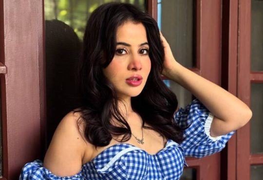 Uorfi Javed showing her natural face after lip filler removal in a blue skater dress