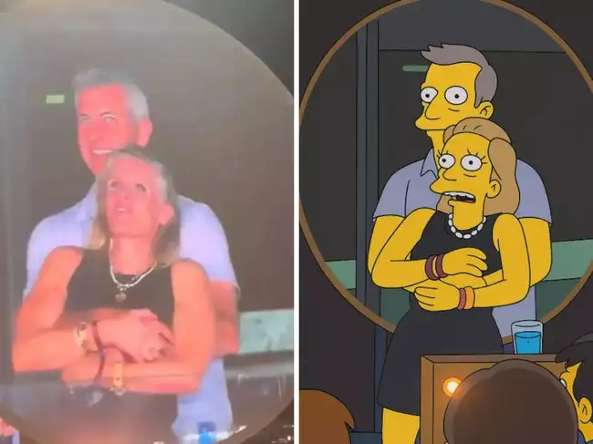 Andy Byron and Kristin Cabot kiss cam moment at Coldplay concert compared to Simpsons prediction