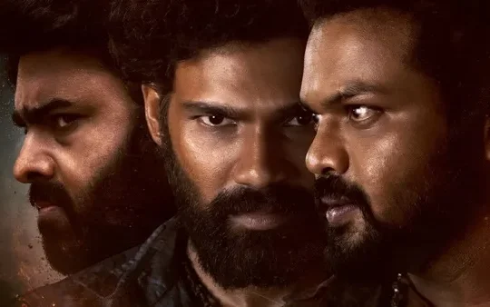 Poster of Bhairavam featuring Manchu Manoj, Nara Rohith, and Bellamkonda Sreenivas in the Telugu action drama now streaming on ZEE5