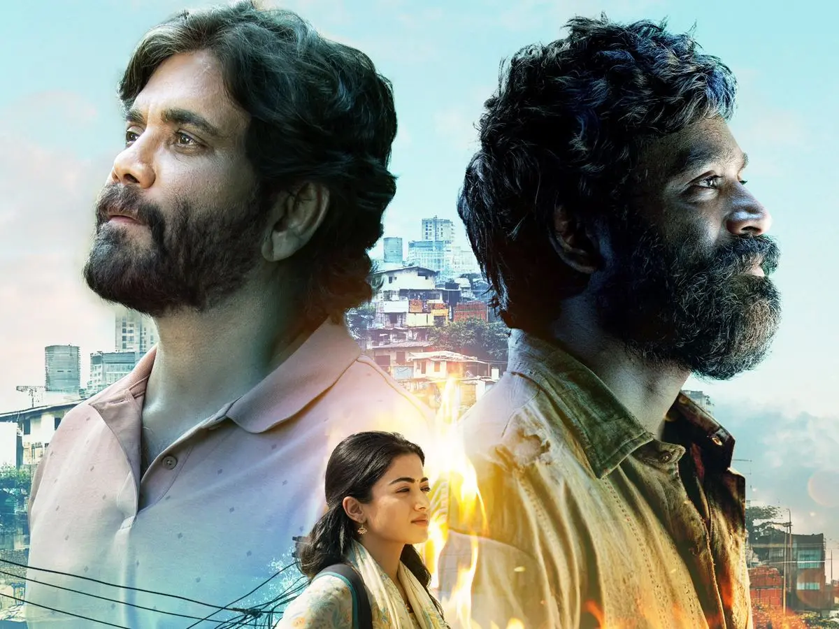 Dhanush, Nagarjuna, and Rashmika Mandanna in Kuberaa movie poster on Amazon Prime Video