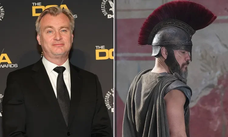 Christopher Nolan directing The Odyssey movie scene with Matt Damon, based on the Greek epic, in IMAX format