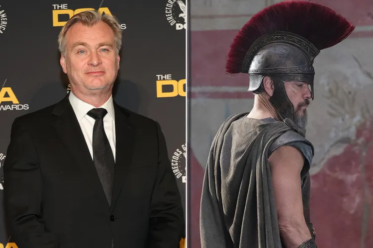 Christopher Nolan directing The Odyssey movie scene with Matt Damon, based on the Greek epic, in IMAX format