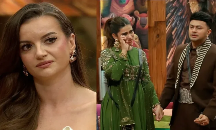 Bigg Boss 19 double eviction showing Awez Darbar emotional as Nagma Mirajkar and Natalia Janoszek are eliminated