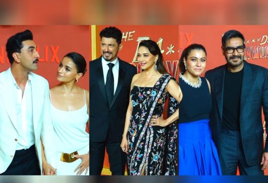 Alia Bhatt, Shanaya Kapoor, Suhana Khan, and Isha Ambani posing on red carpet at The Bads Of Bollywood premiere in glamorous outfits