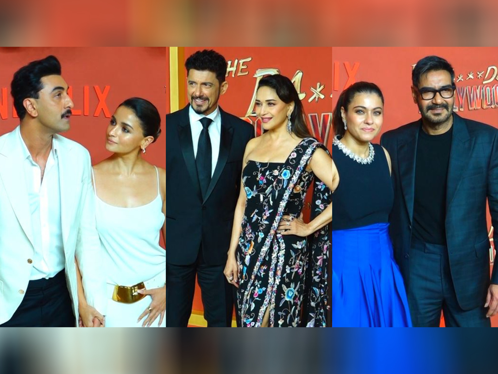 Alia Bhatt, Shanaya Kapoor, Suhana Khan, and Isha Ambani posing on red carpet at The Bads Of Bollywood premiere in glamorous outfits