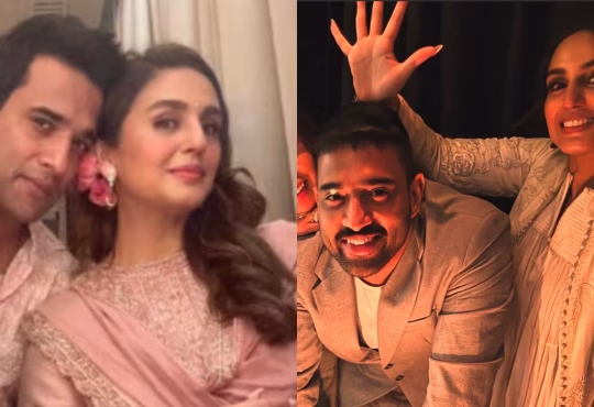 Huma Qureshi smiling at a public event with Rachit Singh amid engagement rumours
