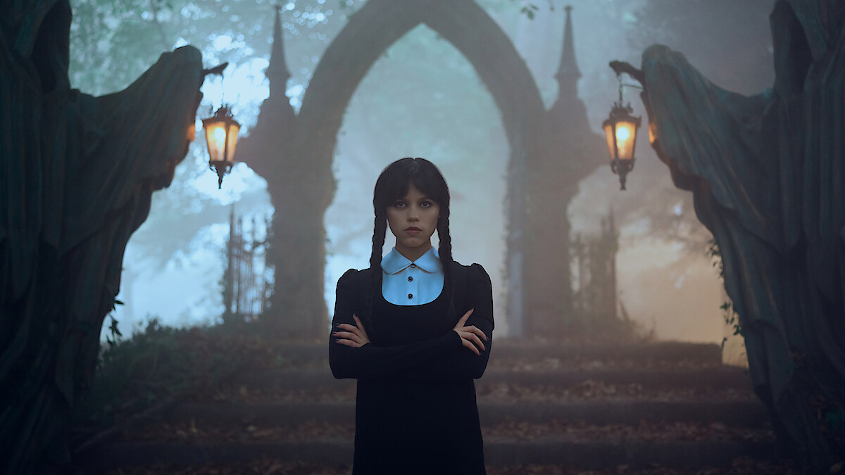 Jenna Ortega as Wednesday Addams in Season 2 Part 2 on Netflix, celebrating chart-topping success
