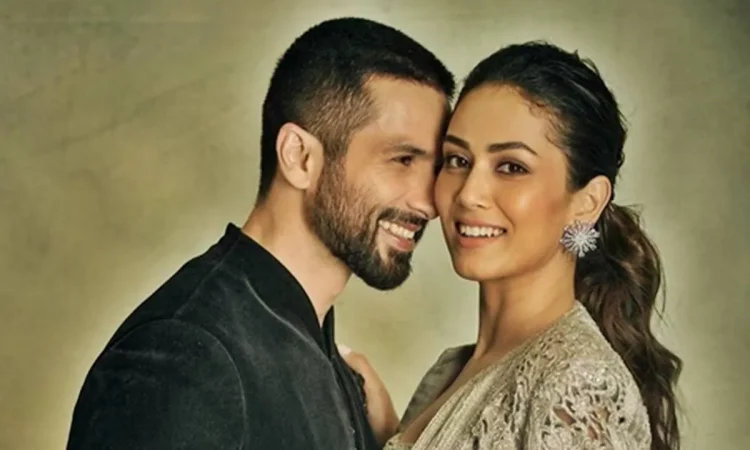 Mira Rajput smiling with Shahid Kapoor at a public event, showcasing her elegance and charm