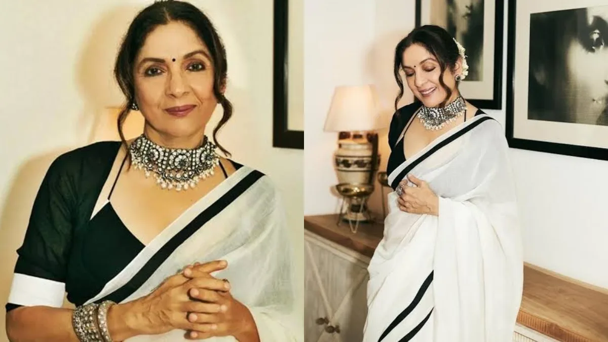 Neena Gupta in a bold outfit smiling confidently at a public event with Masaba Gupta