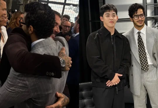 Ishaan Khatter posing with David Beckham and S.Coups at Milan Fashion Week 2025