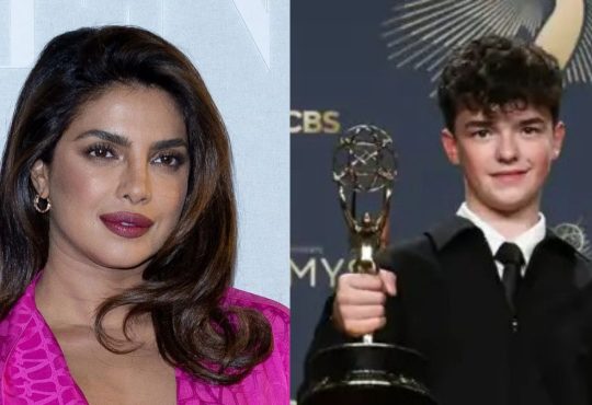 Owen Cooper holding his Emmy award with Priyanka Chopra celebrating his historic win
