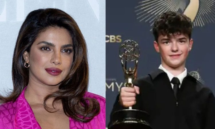 Owen Cooper holding his Emmy award with Priyanka Chopra celebrating his historic win