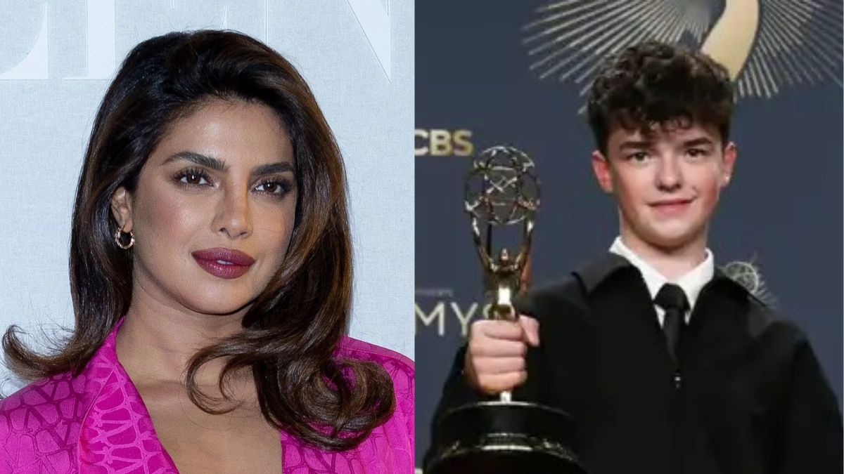Owen Cooper holding his Emmy award with Priyanka Chopra celebrating his historic win