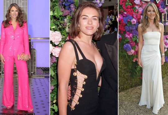 Elizabeth Hurley in an iconic red carpet gown showcasing her signature style