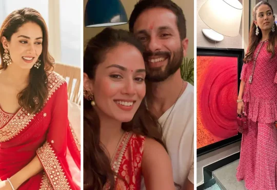 Mira Rajput in a red saree celebrating Karwa Chauth 2025 with elegant festive fashion