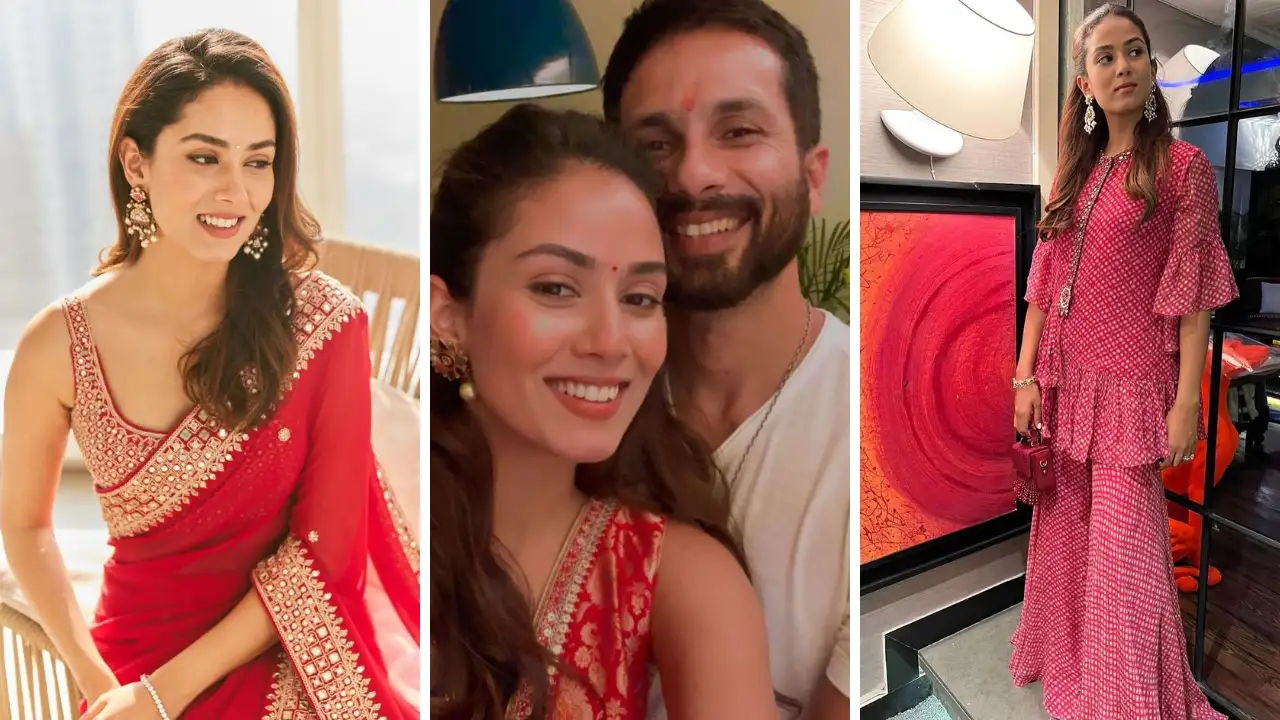 Mira Rajput in a red saree celebrating Karwa Chauth 2025 with elegant festive fashion