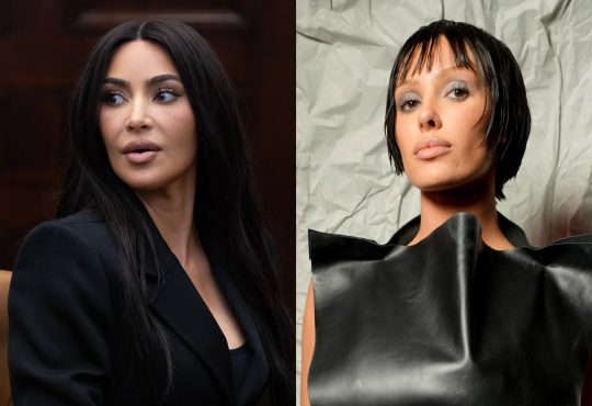 Kim Kardashian wearing a sheer outfit similar to Bianca Censori’s bold style