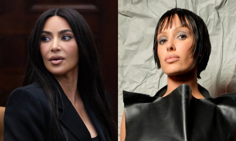 Kim Kardashian wearing a sheer outfit similar to Bianca Censori’s bold style