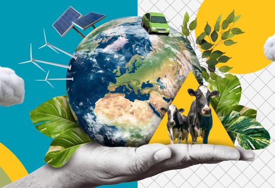 Global news coverage highlighting environmental sustainability and climate action