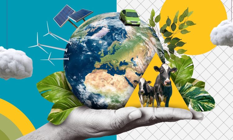 Global news coverage highlighting environmental sustainability and climate action