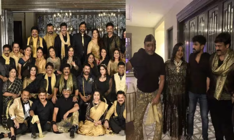 Chiranjeevi smiling with 80s Telugu film stars at reunion