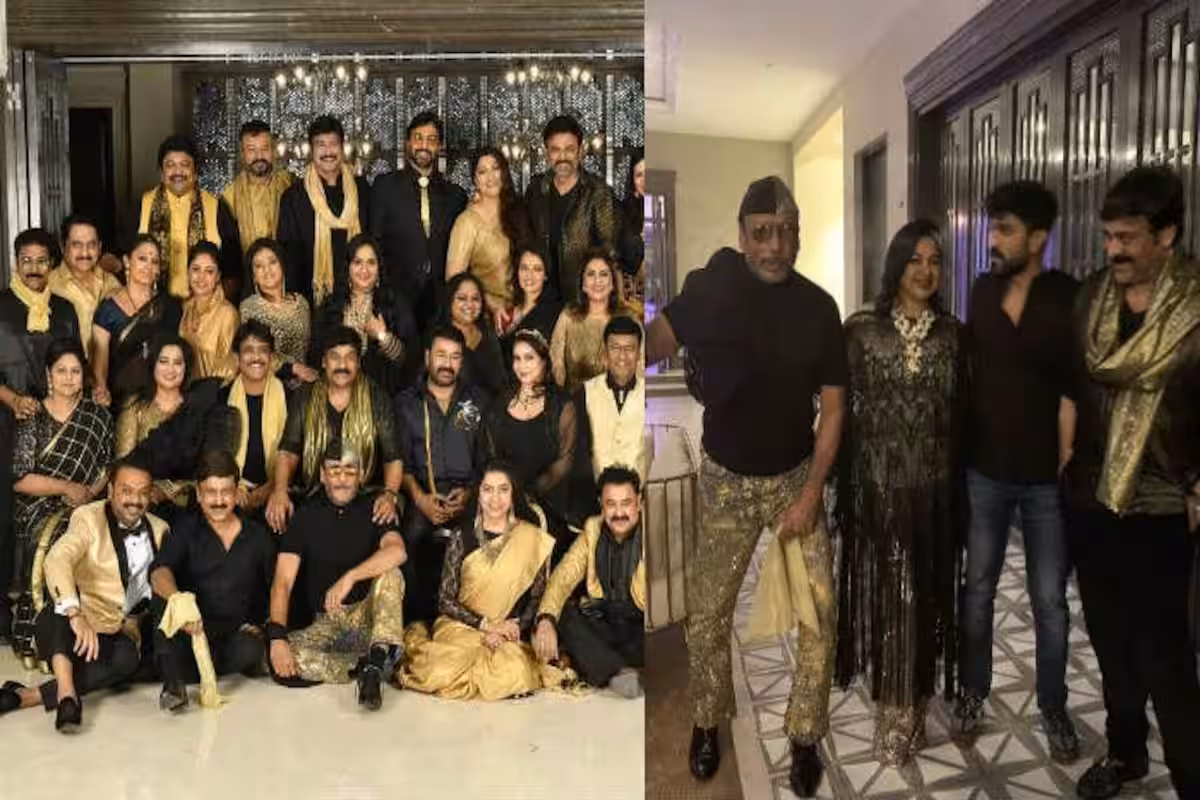 Chiranjeevi smiling with 80s Telugu film stars at reunion