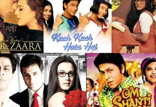 Shah Rukh Khan smiling with iconic film posters in the background – Top 10 Shah Rukh Khan Movies
