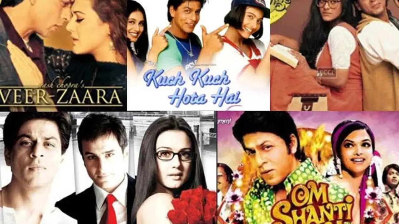 Shah Rukh Khan smiling with iconic film posters in the background – Top 10 Shah Rukh Khan Movies