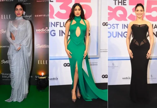 Bollywood celebrities on the red carpet at award shows showcasing stunning fashion looks