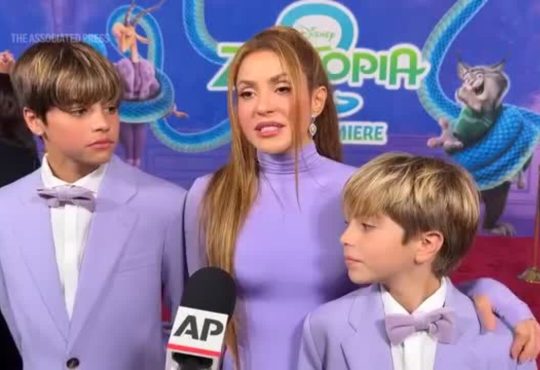 Shakira with sons Milan and Sasha at Zootopia 2 premiere in coordinated purple outfits