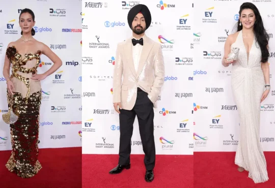 Diljit Dosanjh, Imtiaz Ali, and Shalini Passi on the red carpet at the International Emmy Awards 2025