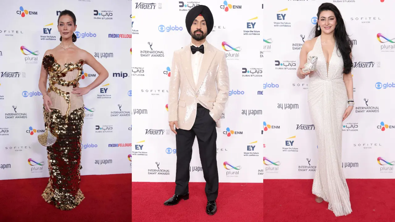 Diljit Dosanjh, Imtiaz Ali, and Shalini Passi on the red carpet at the International Emmy Awards 2025