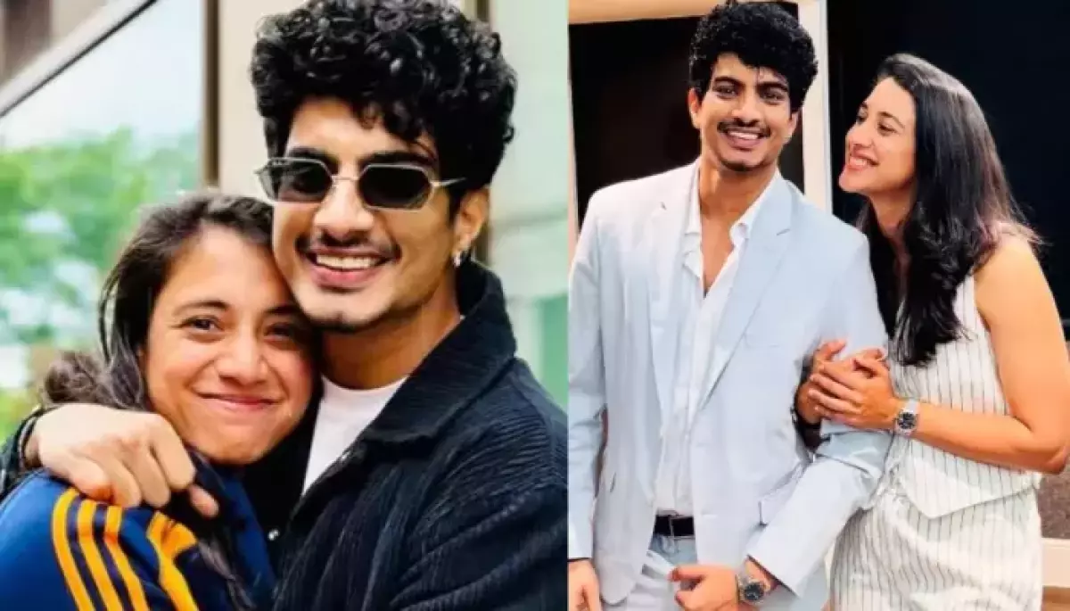 Palash Muchhal and Smriti Mandhana with viral cheating screenshot in the background